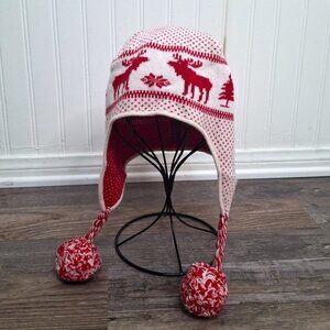 Abercrombie & Fitch Earflap Beanie Sz O/S Moose Wool Blend Pom Pom Fair Isle